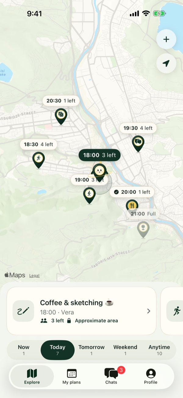 BeFrie’s map of Tbilisi with plans pinned around the city, each showing its start time and how many spots are left.